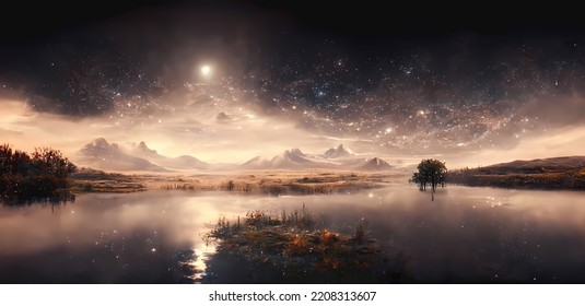 Night Sky Mountain Lake And Galaxy