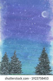 Night Sky, Northern Lights, Watercolor, Drawing, Background, Landscape, Starry Sky, Winter