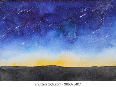 night sky with shooting stars (star rain), hand drawn watercolor  