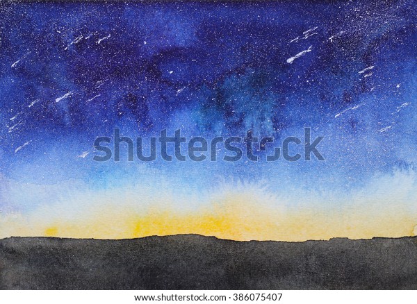 夜空と流れ星 星雨 手描きの水彩 のイラスト素材