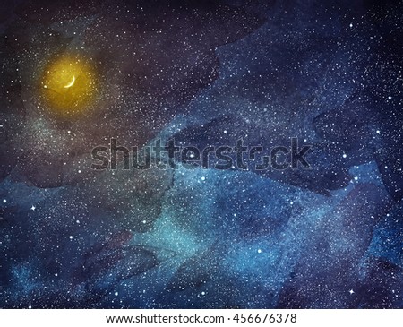 Night sky with stars and moon. Watercolor