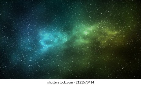 Night Starry Sky And Bright Yellow Green Galaxy, Horizontal Background. 3d Illustration Of Milky Way And Universe