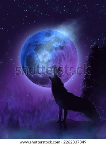 A night with stars and moon,а wolf on the mountain and forest
 Сток-фото © 