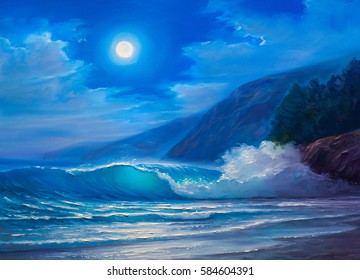 Night Storm At Sea, Wave, Illustration, Painting  Paints On A Canvas.