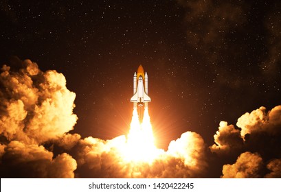 Night Takeoff Of The American Space Shuttle. 3D Illustration.