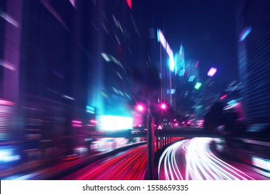 Night Time Car Trails In Hong Kong With A Zoom And Retro Outrun Color Effect