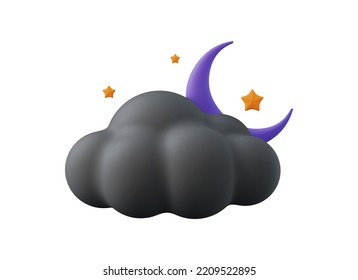 Night Time Icon 3d Rendering With Crescent Moon, Stars And Cloud