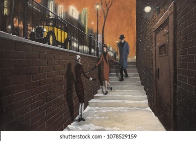 Night Time Vintage Scene Of Three People Entering A Prohibition Era Speakeasy.  Two Flappers And A Fedora Wearing Man Go Into A Night Club While A Yellow Taxi Sits On The Street Above.  1930s Scene.