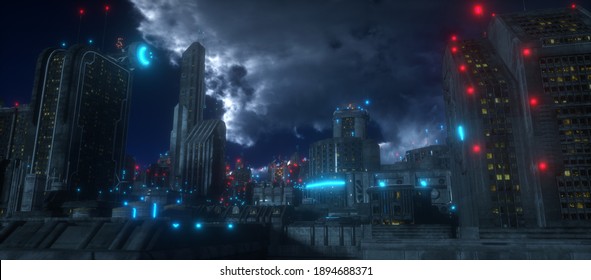 Night Urban Landscape. Huge Futuristic Skyscrapers With Red And Blue Neon Lights Against The Night Sky With Clouds. Cyberpunk Style Scene. City Of The Future. 3D Illustration.