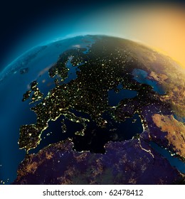 Night View Of Europe From The Satellite To The Glowing Lights Of Towns On The Sunrise From The East