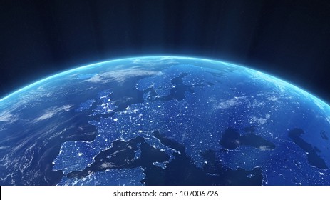 Night view of Europe with visible city lights