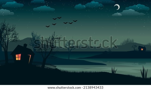 Night village landscape.Silhouettes of houses with fences and trees on the banks of the reservoir against the backdrop of hills, coniferous forest, dark sky with the moon, clouds, stars, flying birds.