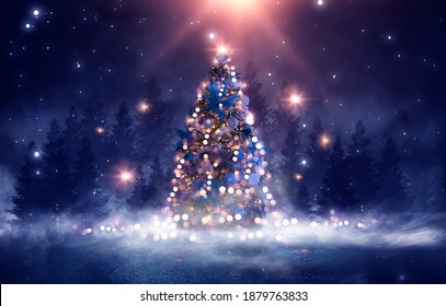 Night winter forest fantasy landscape with a Christmas decorated tree. Festive bokeh lights, dark forest, neon lights. Decorated Christmas tree in the night forest. Background for postcards. 3D  - Powered by Shutterstock