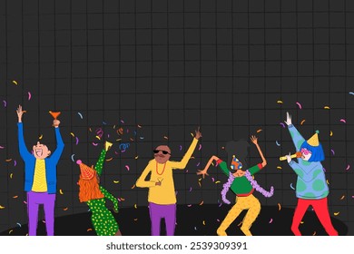 Nightclub party, black grid background design. Party people border background illustration. Diverse people party doodle illustration on black grid background wallpaper with copy space design - Powered by Shutterstock