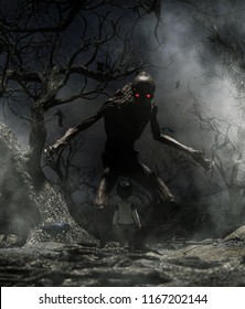 Nightmare With Bogeyman,Boy Enter To The Haunted Forest In His Dream And Discover A Mythical Creature Call Bogeyman In Creepy Forest,3d Illustration