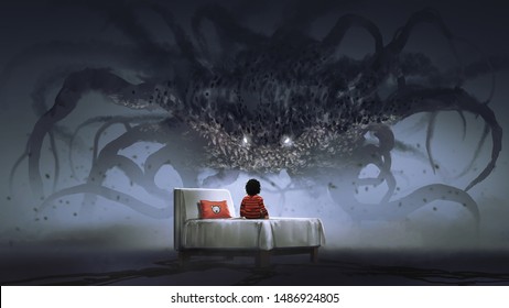 nightmare concept showing a boy on bed facing giant monster in the dark land, digital art style, illustration painting