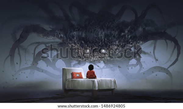 nightmare\
concept showing a boy on bed facing giant monster in the dark land,\
digital art style, illustration\
painting