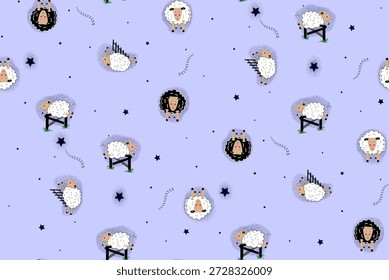 Nighttime Nursery Seamless Pattern with Counting Sheep Jumping Over Fences