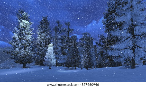 雪が降る山中の松の林を持つ夜の冬の風景 リアリスティックな3dイラストは 自分の3dレンダリングファイルから作成したものです のイラスト素材