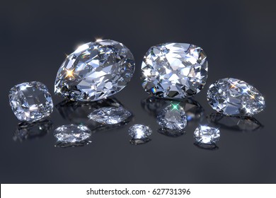 Nine main biggest Cullinan diamonds with reflections on black mirror background. British crown jewels, Cullinan I Great Star of Africa and others.  Close-up view. 3D rendering illustration