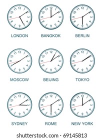 nine time zone clock isolated on white background