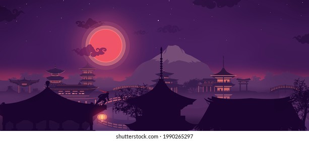 Ninja run on the roofs, flat illustration
