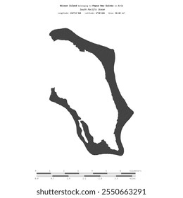 Остров Ниссан в южной части Тихого океана, принадлежащий Папуа-Новой Гвинее, изолирован на двухуровневой карте высот, с шкалой расстояний