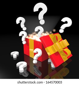 Nitfy 3d Christmas Present With Magic Sparks And Question Symbol On Black Background 