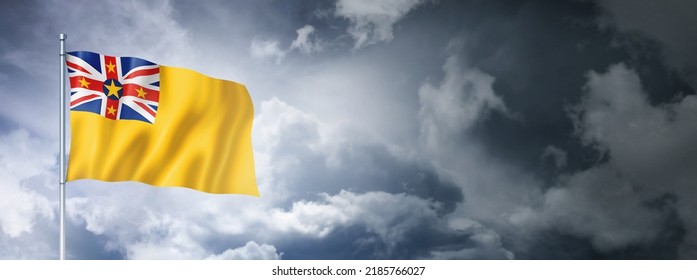 Niue Flag On A Cloudy Sky, Three Dimensional Render