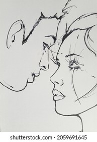 nk painting profile young man   woman in black   white drawn by black line and brush 
 The title  the loving couple 