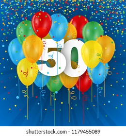 No 50 framed with colorful balloons on dark blue background with confetti - Powered by Shutterstock