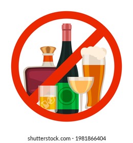 No Alcohol Icon. Alcoholic Drink Prohibition Sign With Cartoon Beer Glass, Wine And Whiskey Bottle In Red. Ban Beverage  Symbol. Illustration No Alcohol Drink, Prohibited And Forbidden Beverage