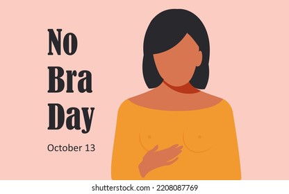 No Bra Day, October 13. Horizontal pink banner with one young woman in a yellow dress without a bra.  - Powered by Shutterstock