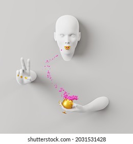 No Bubbles No Fun concept. 3d render, female mannequin body parts, one handle with a glass of bubbles, isolated on white background. Bold head, beautiful face, hands. Modern minimal portrait