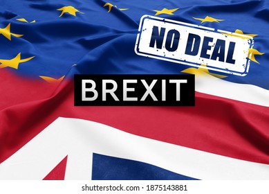 No Deal Brexit, England Going Out Of The European Union Without Agreement Or A Trade Deal. Great Britain Flag. UK Exit EU Concept. Trade, Deal, Agreement. 3D Illustration, High Resolution Background