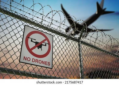 No drone zone sign warning about restricted no fly area near airport. 3D rendered illustration.