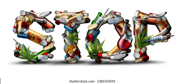 No Drug Addiction And Stop Drugs Icon As A Health Issue Representing The Dangers And Risk Of Smoking Drinking Alcohol And Medicine Overdose As Opioids As A 3D Illustration.