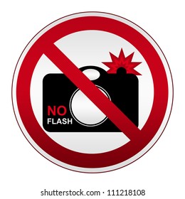 No Flash Sign On Prohibited Circle Silver Metallic Plate Isolated on White Background