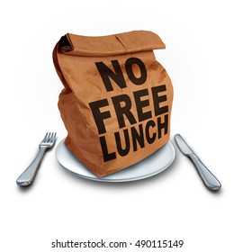 No Free Lunch Business Concept As A Financial Entitlement Benefit Symbol For Not Getting Something For Nothing As A Bag With Text With 3D Illustration Elements On A White Background.