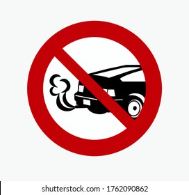 No Idling, Turn Off Engine. Prohibition Sign With The Back Of A Coupe Car With Smoke From Muffler.  