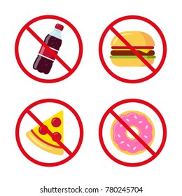 No Junk Food Icons: Sugary Soda Drink, Burger, Pizza And Donut. Crossed Prohibition Circles On Separate Layer. Healthy Dietary Habits Illustration.