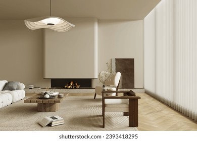 No logo, no brand name. Modern villa living room design interior, beige furniture, bright walls, sofa, armchair with lamp. Concept of relax. 3d rendering.  - Powered by Shutterstock