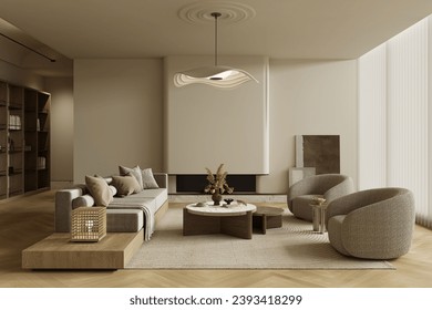 No logo, no brand name. Modern villa living room design interior, beige furniture, bright walls, sofa, armchair with lamp. Concept of relax. 3d rendering.  - Powered by Shutterstock