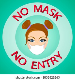 No Mask No Entry Poster. Mask Required Banner. Young Lady Wearing Face Mask. Green Background.