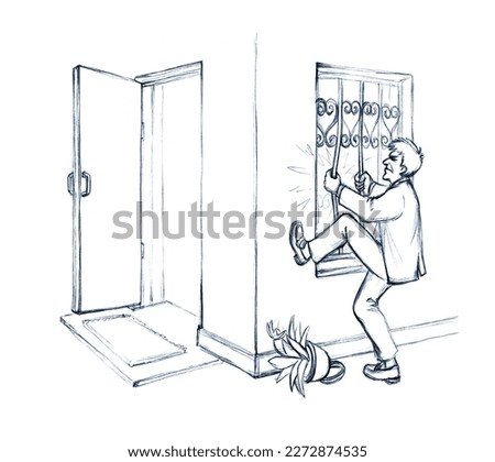 No mean fail logic labor male guy go look solve caus hit iron office cage bar not work result. Comic hand draw cartoon graphic art bad vision seek out view vain goal hard futile job easy task try idea