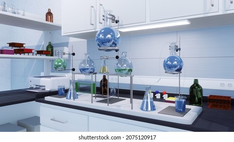 With No People Interior Of Modern Scientific Research Lab With Glass Test Tubes, Flasks And Laboratory Equipment On Workplace Table. Medical Science Concept 3D Illustration From My 3D Rendering File.