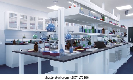 With no people interior of scientific research lab with test tubes, flasks and other laboratory equipment on workplace tables. Modern medical and science concept 3D illustration from my 3D rendering.
