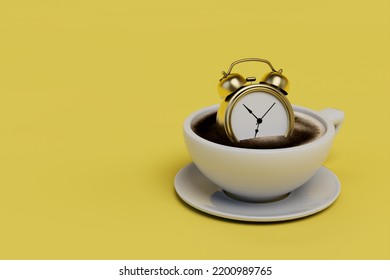 No Time For Coffee. Alarm Clock In A Cup Of Coffee On A Yellow Background. Copy Paste, Copy Space. 3D Render.