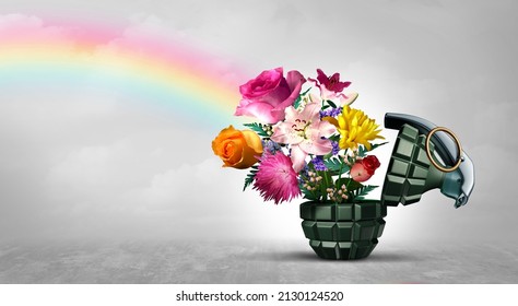 No War Concept As A Grenade Weapon And Flowers As A Symbol For Peace And Hope As An Unexploded Bomb Or Disarmed Explosive Device With 3D Illustration Elements.