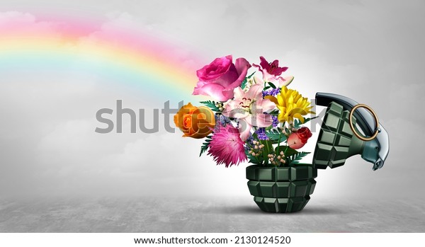 No War concept as a grenade weapon\
and flowers as a symbol for peace and hope as an unexploded bomb or\
disarmed explosive device with 3D illustration\
elements.